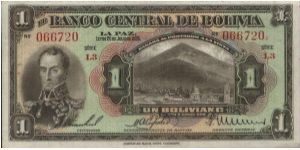 1 Boliviano 
Dated 20 July 1928
Obverse:Simon Bolivar
Reverse:Potosi
With Series No: L3 066720. Printed by American Bank Note Company.
BID VIA EMAIL Banknote