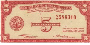 PI-125 Philippine English series 5 centavos note. Banknote