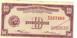 PI-127a Philippine English seried 10 centavos note, signature 1. Banknote