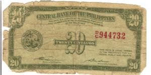 PI-129a Philippine English series 20 centavos note, signature 1. Banknote