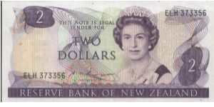 2 Dollars (O)Elisabeth II(R) Mistletoe, Rifleman. Reserve Bank Of Zealand signed by Russell. Banknote