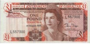 1 Pound, Government of Gibraltar, dated 4 August 1988. Pinted by Thomas De La Rue Co, Ltd. Banknote