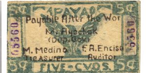 S-101 Apayao 5 centavos note with hand stamp overprint on reverse. Banknote