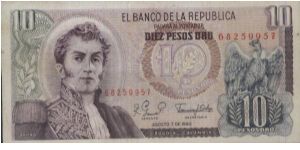 10 Pesos 7.8.1980 El Banco De La Republica. Bugota, Colombia. (O)General Antonio Nariño(R) San Agustin. Banknote