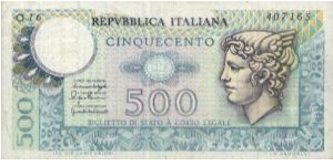 Repvbblica Italiana. 500 Lire. Banknote