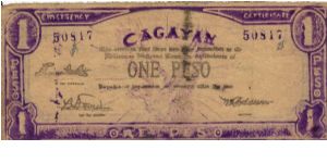 S-187 Rare Cagayan 1 Peso note with Peso mis-spelled error on reverse, top right spelled Ceso Banknote