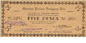 S-603 Mountain Province Emergency Board 5 Peso note without countersign on reverse. Banknote