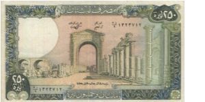 250 Livre,Banque Du Liban.Ruins at Tyras.Printed by Thomas De La Rue & Co, Limited. Banknote