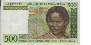 A series, 500 Francs. Banky Foilen'I Madagasikara. Multicolour Note with Zebus Girl. Banknote