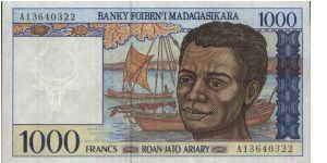 A Series with no:A13640322

1000 Francs
Banky Foiben'I Madagasikara 

Obverse:Sailboats 

Reverse:Fishing

Watermark:Yes

BID VIA EMAIL Banknote