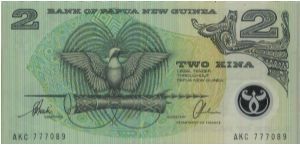 A Series No :AKC777089
2 Kina
Dated 1996
Bank Of Papua New Guinea. 
Polymer Notes. Obverse:Bird of Paradise Reverse:Artifacts Banknote