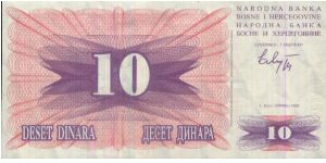10 Dinara. NRADNA BANKA BOSNE I HERCEGOVINE Dated 1 July 1992 Banknote