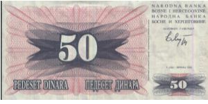 50 Dinara. NRADNA BANKA BOSNE I HERCEGOVINE Dated 1 July 1992 Banknote