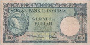 ANIMALS SERIES WITH NO:100F 83209. SIGNED BY MR SJAFRUDDIN PRAWIRANEGARA & TRB.SABAROEDIN. WATERMARK PRINCE DIPONEGORO.(O)A SQUIRREL(R)PALACE AR BOGOR.PRINTED BY THOMAS DE LA RUE & COMPANY. 158X81MM Banknote