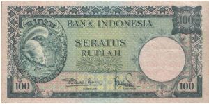 ANIMALS SERIES WITH NO:100GY 74109. SIGNED BY MR SJAFRUDDIN PRAWIRANEGARA & TRB.SABAROEDIN. WATERMARK PRINCE DIPONEGORO.(O)A SQUIRREL(R)PALACE AR BOGOR.PRINTED BY THOMAS DE LA RUE & COMPANY. 158X81MM Banknote