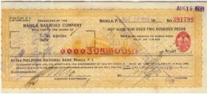 Manila Railroad Check with imprinted 2 centavos revenue stamp. Banknote