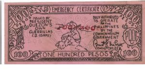 S-448 RARE President Quezon's Own Guerrillas (PQOG) 100 Pesos note. Banknote