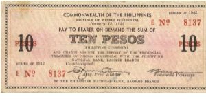 S-639 Negros Occidental 10 Pesos note. Banknote