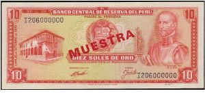 10 Soles specimen banknote with overprint Muestra. Banknote