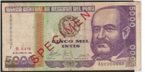 5000 Intis Inflation money banknote specimen. Banknote