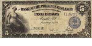 PI-22 Bank of the Philippine Islands 5 Pesos note. Will trade this note for Philippine notes I don't have. Banknote