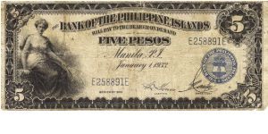 PI-22 Bank of the Philippine Islands 5 Pesos note. Will trade this note for Philippine notes I don't have. Banknote