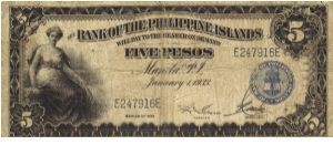 PI-22 Bank of the Philippine Islands 5 Pesos note. Will trade this note for Philippine notes I don't have. Banknote