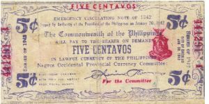 S-641 Negros Occidental 5 Centavos note. Will trade this note for Philippine notes I don't have. Banknote