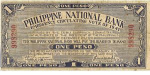 S-215 Cebu 1 Peso note. Will trade this note for Philippine notes I don't have. Banknote