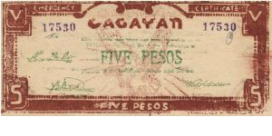 S-191a Cagayan 5 Pesos note. Will trade this note for Philippine notes I don't have. Banknote