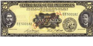 PI-135 Philippine 5 Pesos Specimen note. Rare De-La-Rue printer. Banknote