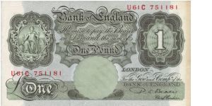 Series A £1 note.

Chief Cashier P.S.Beale (1949-1955).  I have labeled this as AUNC as although Uncirculated the right hand edge (left hand on reverse)has some air damage, hence the darkness Banknote