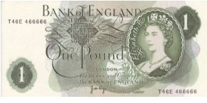 Series C £1 Note.

Chief Cashier J.B.Page(1970-1980).  

This one has an almost solid serial number.

There was never a Series B £1 Banknote issued as the designer had passed away before the designs were completed. Banknote