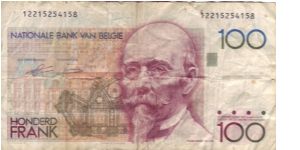 Belgium 100 Francs.

Rather poor condition, I got this back in 1990 when I was 7 years old and as can be seen on the back I didn't look after the note Banknote