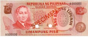 1st A.B.L. SERIES 29S2 (p156s2) Marcos-Licaros A000000 (Specimen) Banknote