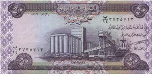 50 Dinars,Central Bank Of Iraq
Obverse:
The grain silo at Basrah
Reverse:
Date palms
Security thread:
Yes
Watermark:
Arabian horse's head 
Size:130x67mm Banknote