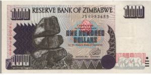 100 Dollars, Reserve Bank Of Zimbabwe.(O)Chiremba Balancing Rocks(R)Kariba Dam. Banknote