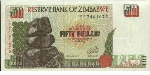 50 Dollars, Reserve Bank Of Zimbabwe.(O)Chiremba Balancing Rocks(R)Ruins. Banknote