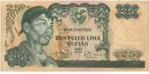 25 Rupiah. Signed By Drs.Radius Prawiro & Soeksmono B.Martokoesoemo.(O)General Soedirman(R)Lift Bridge Of Ampera.Watermark Garuda Pancasila.132x67mm Banknote