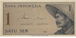 1 Cent Volunteers Series. Signed By Jusuf Muda Dalam & Hertatijanto(O)A Peasant(R)Number 1.104x52mm Banknote