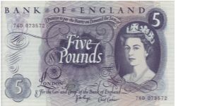 Series C £5 note

Chief Cashier J.B.Page (1970-1980).

Uncirculated note, much larger compared to the current £5 Banknote