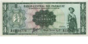 A Series No:19161778,1 Guarani Banco Central Del Paraquay.Dated 25 March 1952.(O)Soldier(R) Palacio Legislativo.Printed By Thomas De La Rue & Company Limited.London Banknote