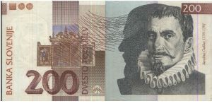 Z Series 200 Tolarjev Dated 15 January 2004.(O) Composer Iacobus Gallus(R)17th century organ, Slovenian Philharmonic Hall, Musical notes. Banknote