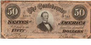 CSA $50 Type 66  Cr-497 Series II  A 5781        President Jefferson Davis Reg.Miss M.F.Javis Treas.Miss E.M.Bell Banknote