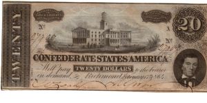 CSA $20 Type 67 Cr-517 Series X  A 27909   Nashville Tenn. & A.H.Stephens  Reg.Miss Anna W.Zealy    Treas.Miss V.M.Tyle Banknote