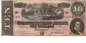 CSA $10 Type 68 Cr-547A  Series 5 G-C 51418    Horse Artillery & R.M.T.Hunter Reg.Miss Julia M.Connor Treas.Miss J.A.Jacobs Banknote