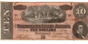 CSA $10 Type 68 Cr-551 Series 9  F 102521     Horse Artillery & R.M.T.Hunter Reg.Miss M.E.Cullen Treas. -- Banknote