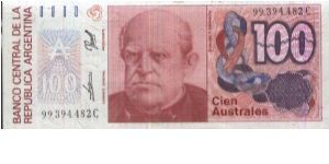 100 Australes,
Banco Central De La Republica Argentina.
Obverse:F. Sarmiento
Reverse:Liberty with torch and shield seated. Banknote
