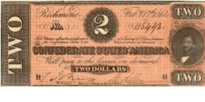 CSA $2 Type 70  Cr-567  No Series B 115442     Judah P.Benjamin   Reg. -- Treas.Miss Maria Allen Banknote