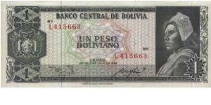 1 Peso Boliviano Dated 13 July 1962.Pinted By Thomas De La Rue & Company Limited,London. Banknote